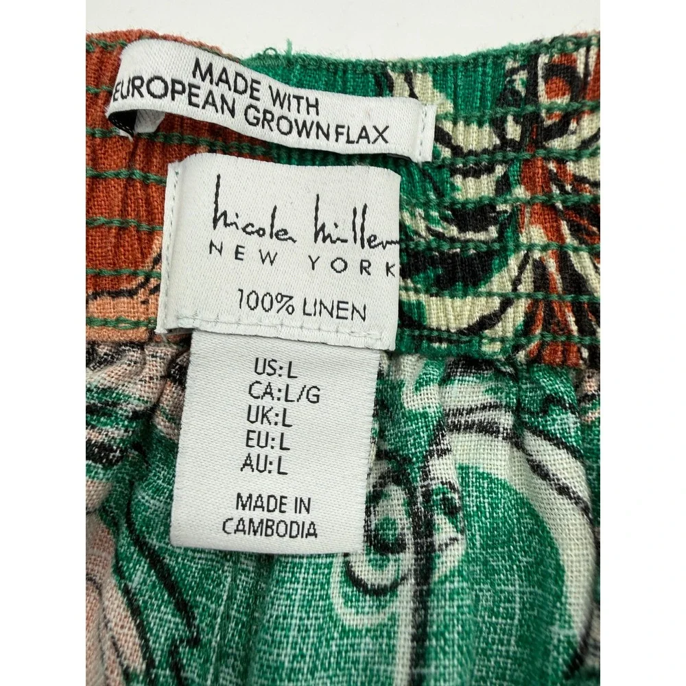 Nicole Miller Linen Pants Tropical Print Wide Leg Belted Large Resort Vacation - Picture 12 of 13
